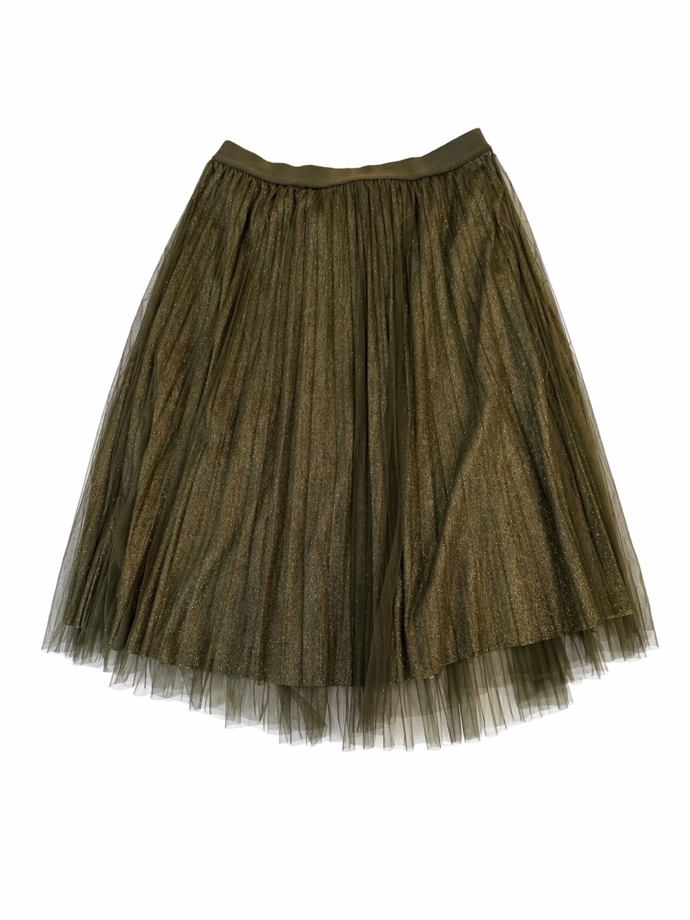 Skies Are Blue Olive Green Shimmery Tulle Midi Skirt